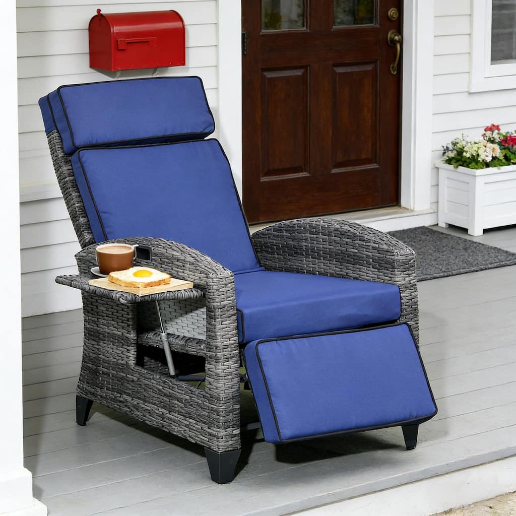 GDFStudio Outdoor Isolde PE Wicker Recliner Chair with Cushioned Comfort and Side Tray