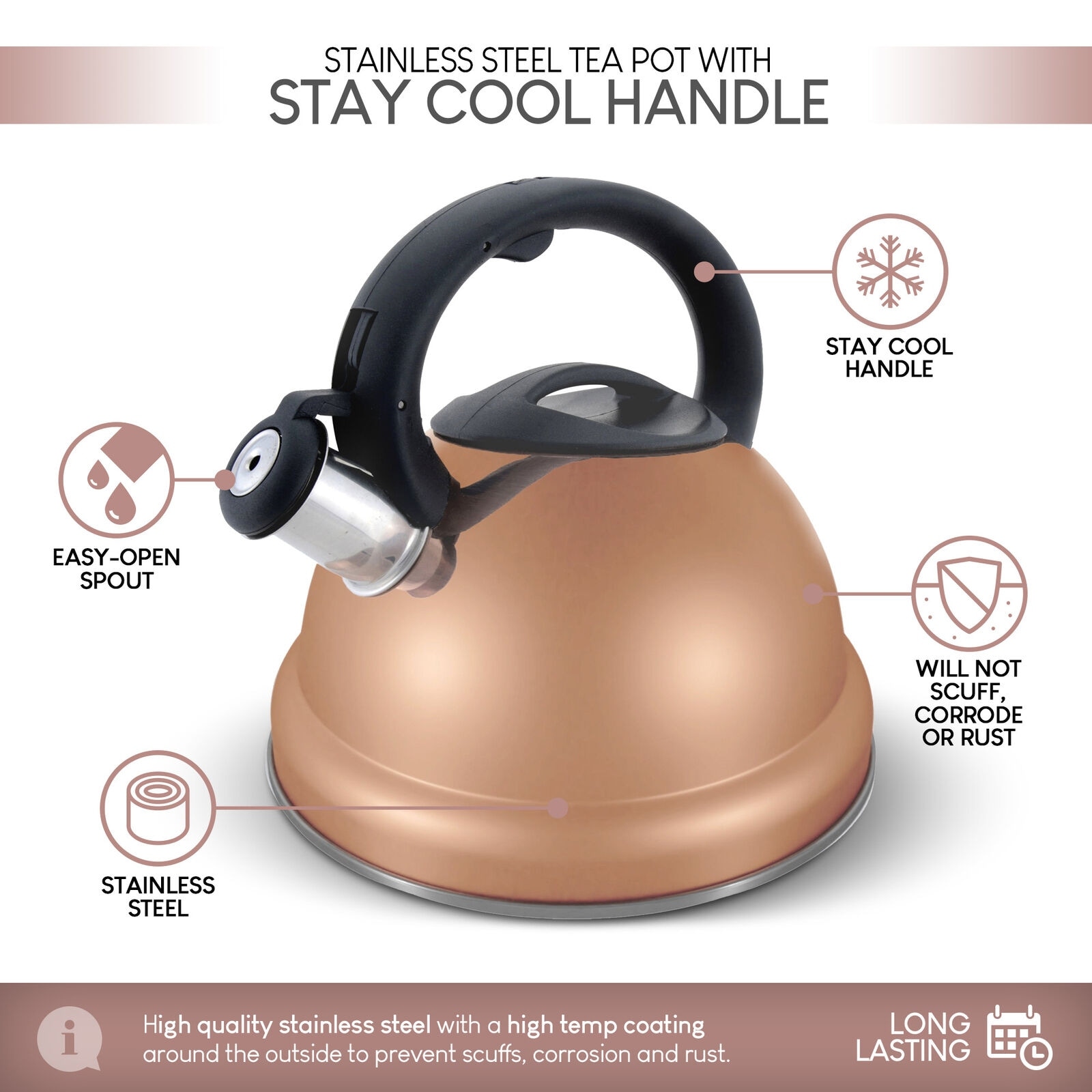 3 Qt Rose Gold Stainless Steel Whistling Kettle Teapot