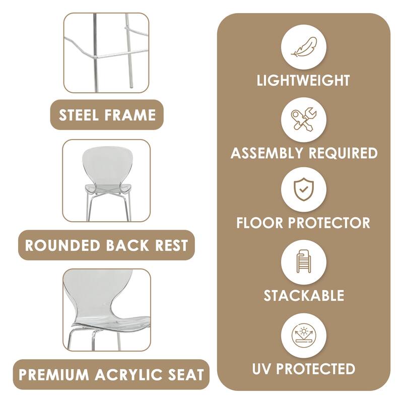 Oyster (Set of 2) 29.5" Mid-Century Modern Acrylic Bar Height Stools - Chrome Steel Frame & Stackable