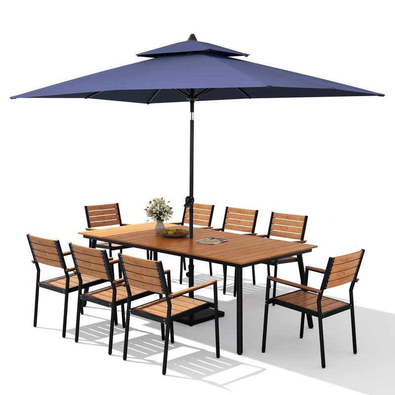 11PC Outdoor Patio Dining Set WoodLike Aluminum Umbrella Hole Table with Stackable Armchairs,Double Top Market Umbrella and Base