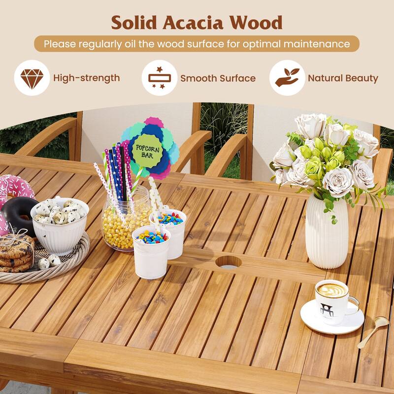 Gymax 9PCS Acacia Wood Outdoor Dining Set w/ 1.97'' Umbrella Hole for