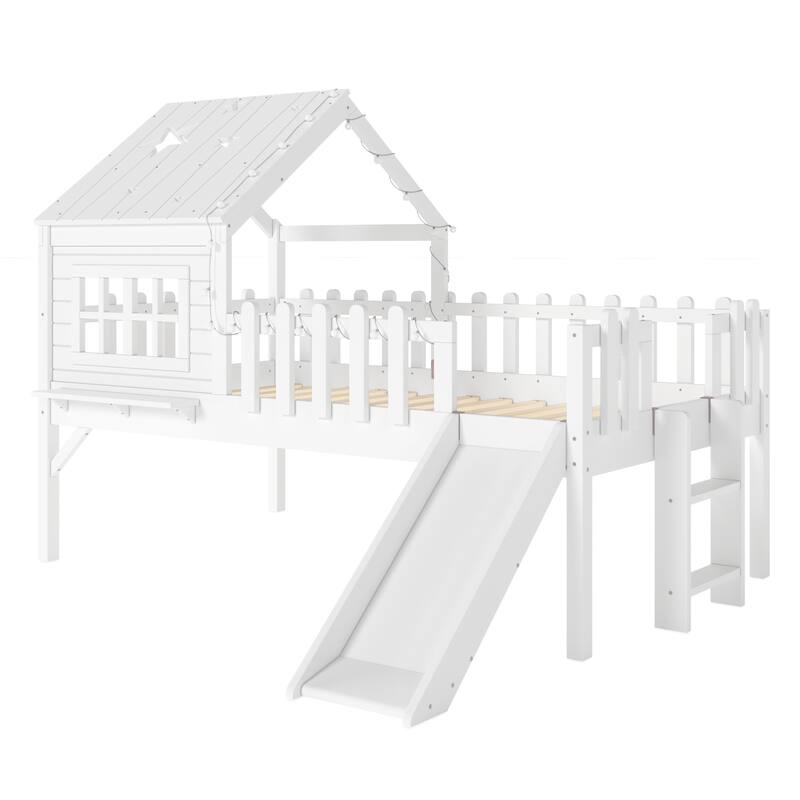House Loft Bed with Slide and LED Lights, Kids Playhouse Bed with Star & Moon Cutout Roof and Window, Low Loft Bed