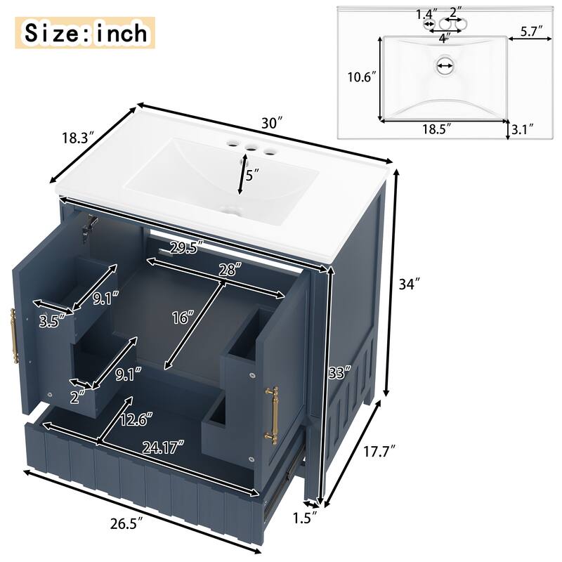 Roomfitters 30 Inch Bathroom Vanity with Sink, Solid Wood Cabinet with Door Storage and Drawer