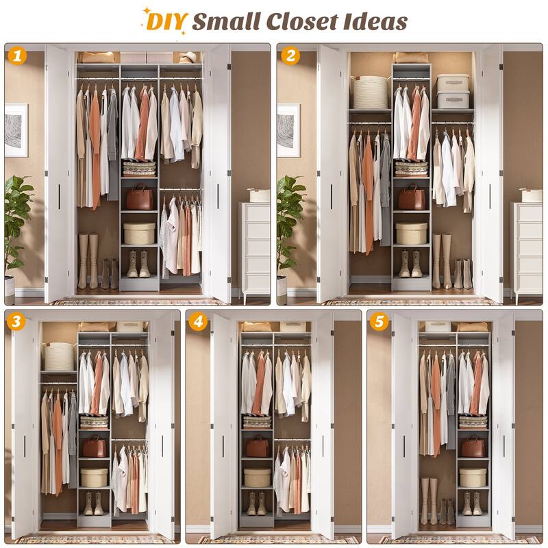 4 FT Closet Organizer with 4 Hanging Rods, Small Closet System with Storage Shelves