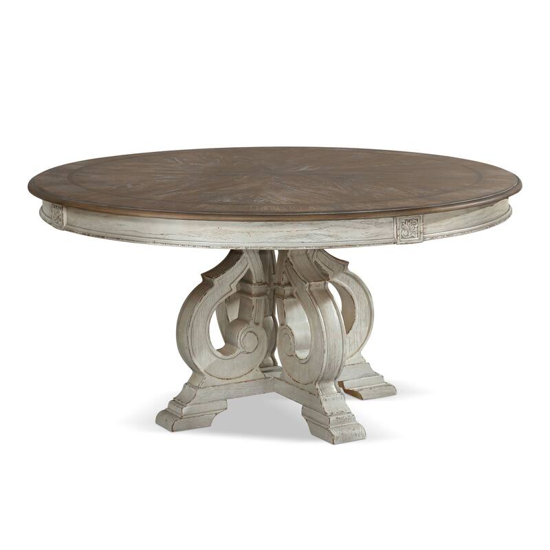 Caelum Farmhouse White Fabric Upholstered 7-Piece Round Dining Set By The Gray Barn