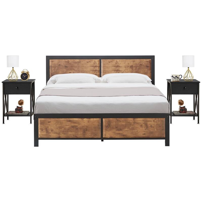 VECELO 3-Pieces Bedroom Sets, Platform Bed with Headboard and Set of 2 Nightstands - Black - Full