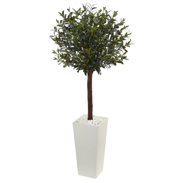 Nearly Natural 5' Olive Topiary Artificial Tree in White Tower Planter