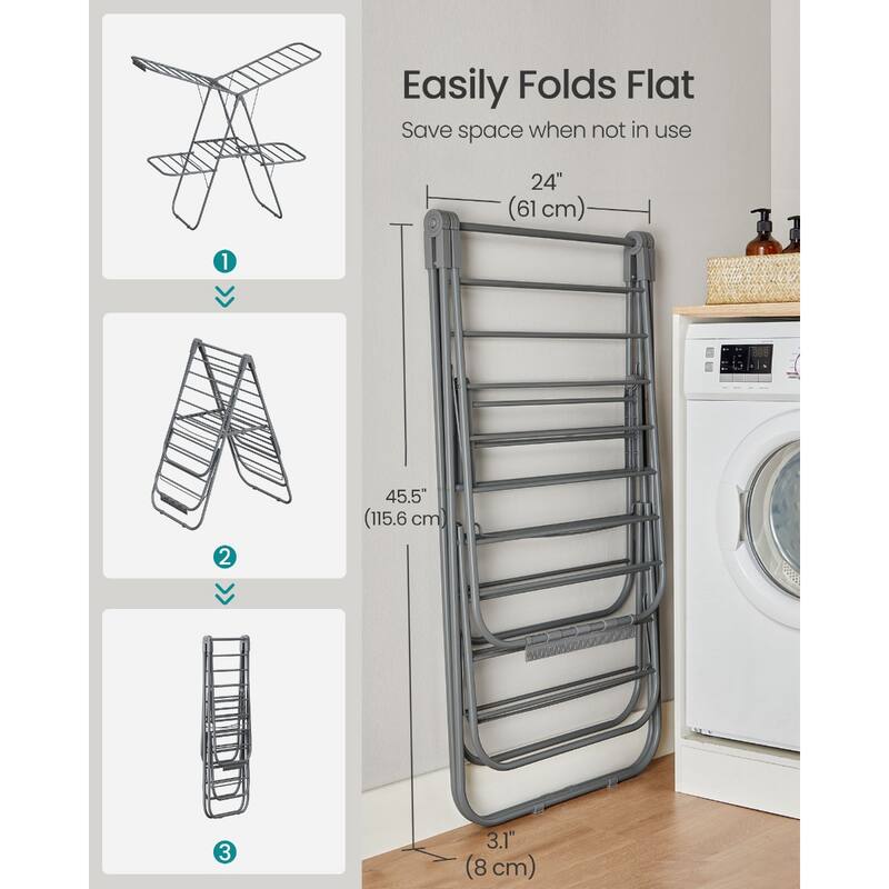 Adjustable 4-Wing Foldable Steel Laundry Clothes Drying Rack with 33 Rails and 27 Clips for Indoor Use