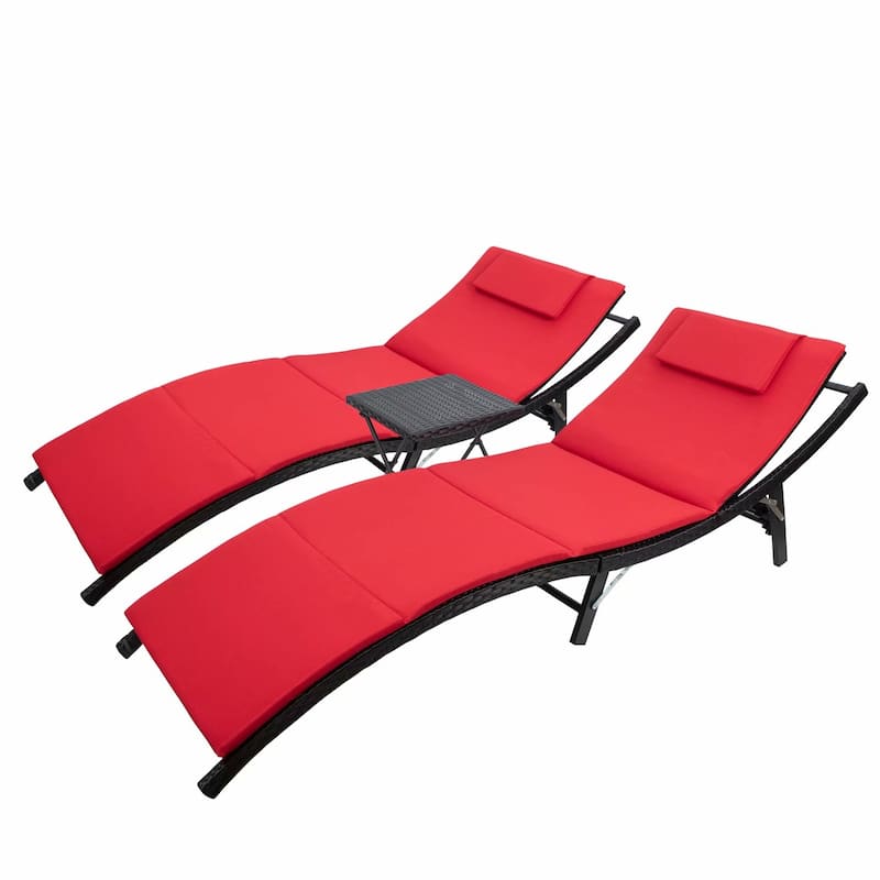 Homall Patio Chaise Lounge Sets Outdoor Rattan Adjustable Back 3 Pieces Cushioned Patio Folding Chaise Lounge with Folding Table