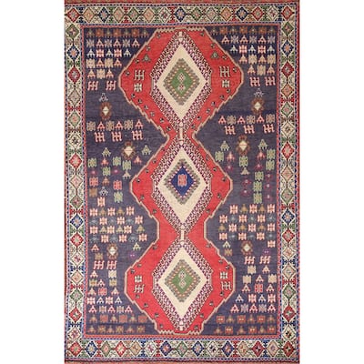 Navy Geometric Yalameh Persian Vintage Rug Hand-knotted Wool Carpet - 4'3"x 7'1"