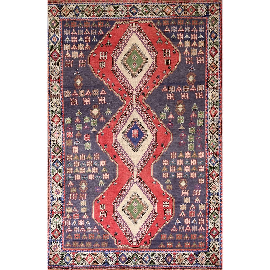 Navy Geometric Yalameh Persian Vintage Rug Hand-knotted Wool Carpet - 4'3"x 7'1"