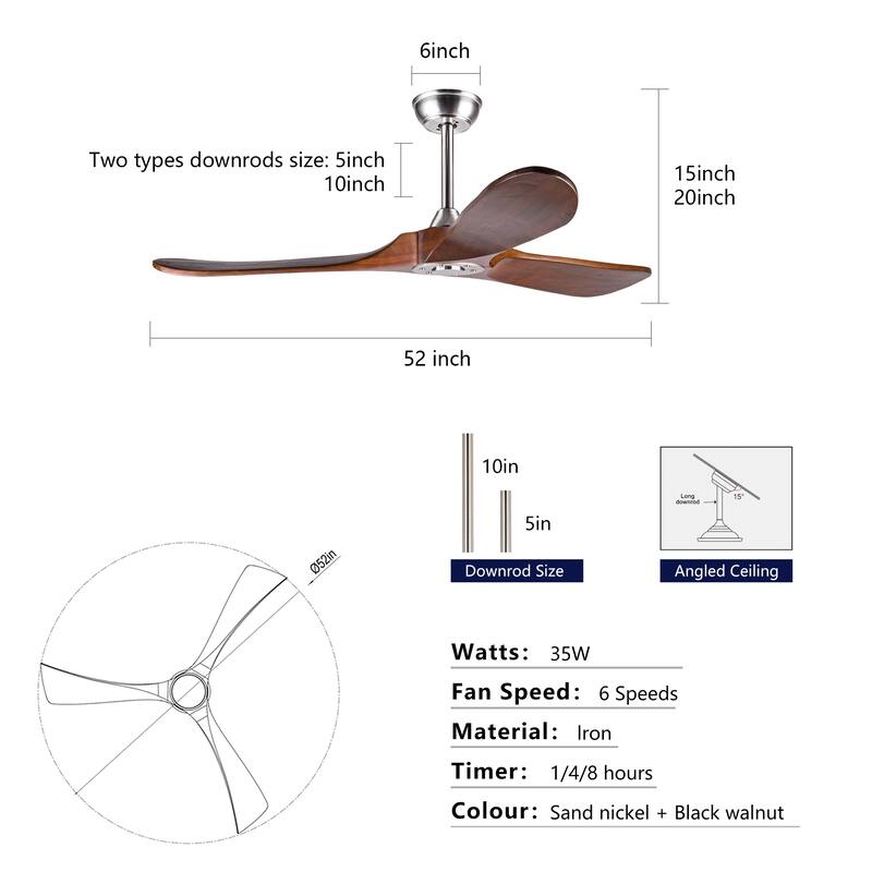 52" Solid Wood Ceiling Fan, Outdoor, 3 Blade, No Light, for Patio Living Room Bedroom Porch, Remote Control, Water Resistant