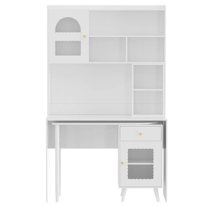 Computer Desk with 90 Rotating Side Table, Storage Drawer, Cabinets and Open Shelves for Home Office Study