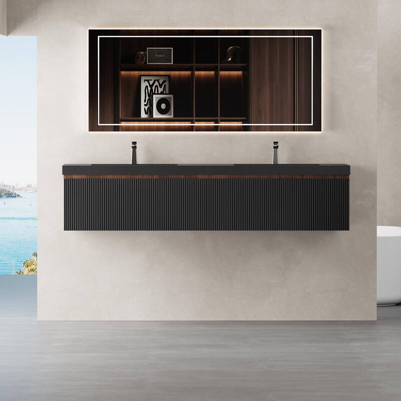 GDFStudio - Everett Contemporary Floating Bathroom Vanity with Dual Basin Design and Integrated Storage Cabinet - Walnut+black