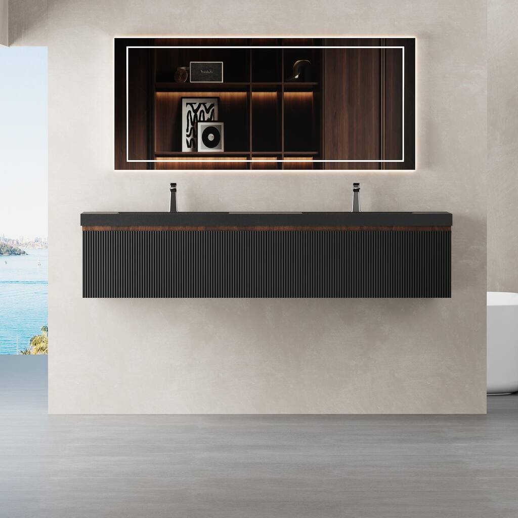GDFStudio - Everett Contemporary Floating Bathroom Vanity with Dual Basin Design and Integrated Storage Cabinet