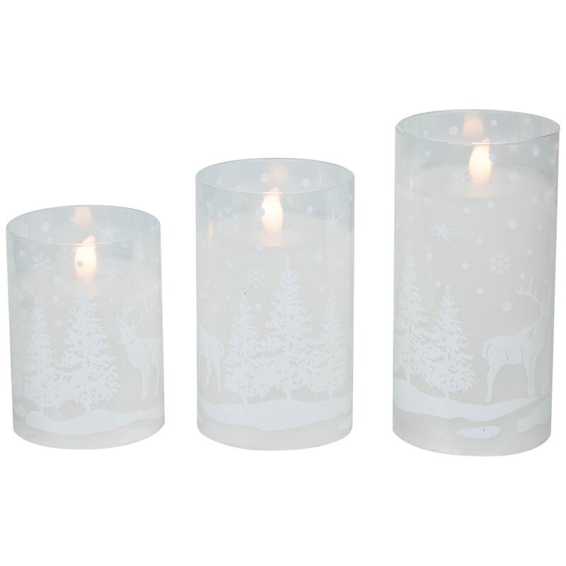 LED Flameless Flickering Snowy Woodland Glass Christmas Pillar Candles - 6" - Set of 3