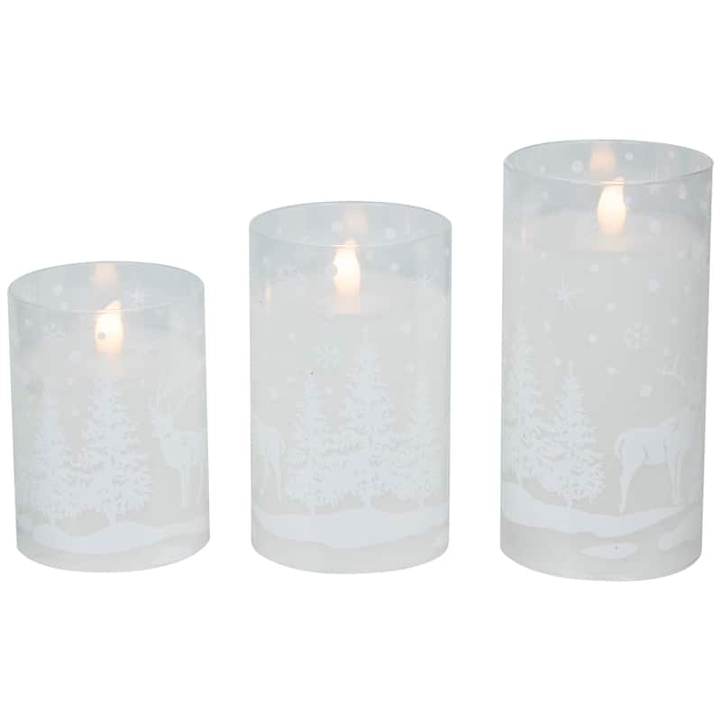 3 Snowy Woodland Flameless LED Flickering Christmas Pillar Candles 6"