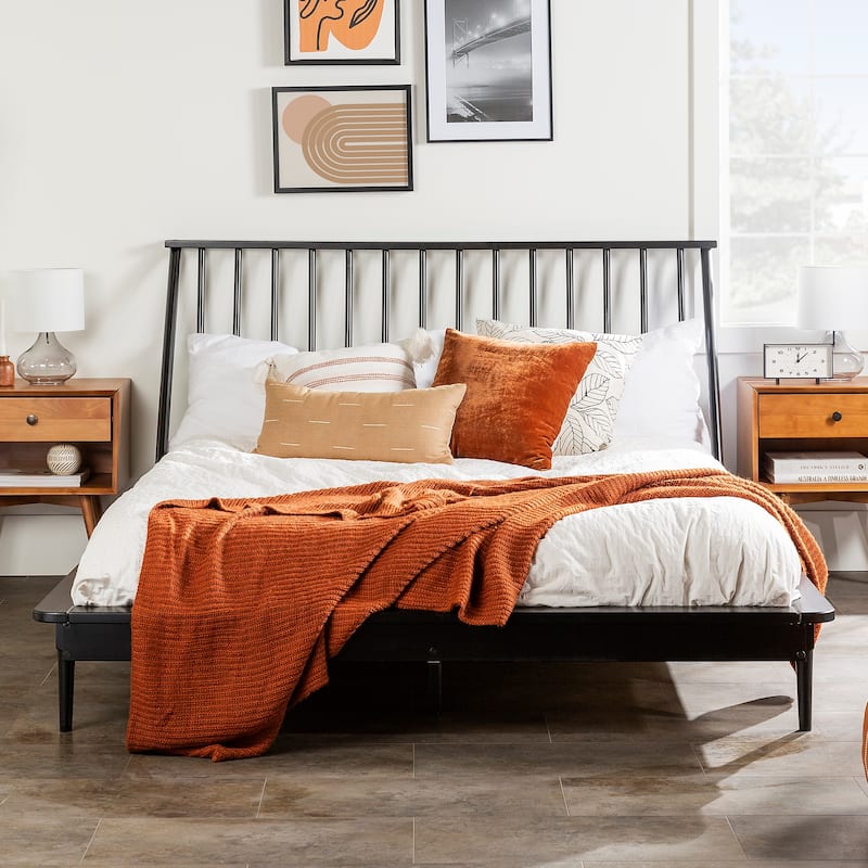 Queen Solid Pine Platform Bed with Spindle Headboard - Mid-Century Modern Design