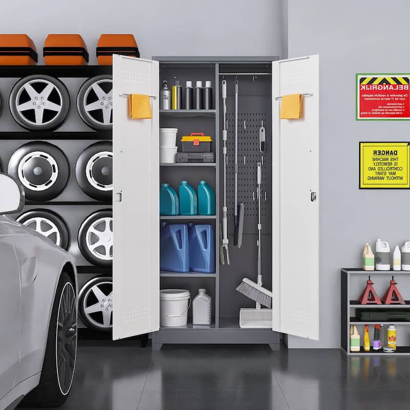 Metal Cleaning Tool Cabinets With Locking Doors, High Broom Tool Storage Cabinets, Adjustable Shelves