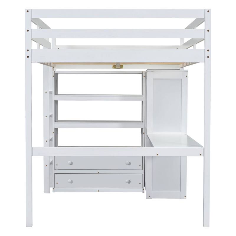 Full Size Pinewood Loft Bed with Built-in Study Desk and Wardrobe, Storage Shelves and 2 Drawers, Full-length Guardrails