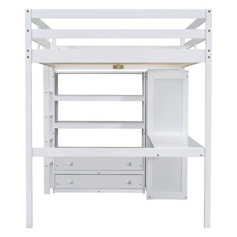 Wood Full Size Loft Bed With Built-In Wardrobe,Desk,Storage Shelves And Drawers