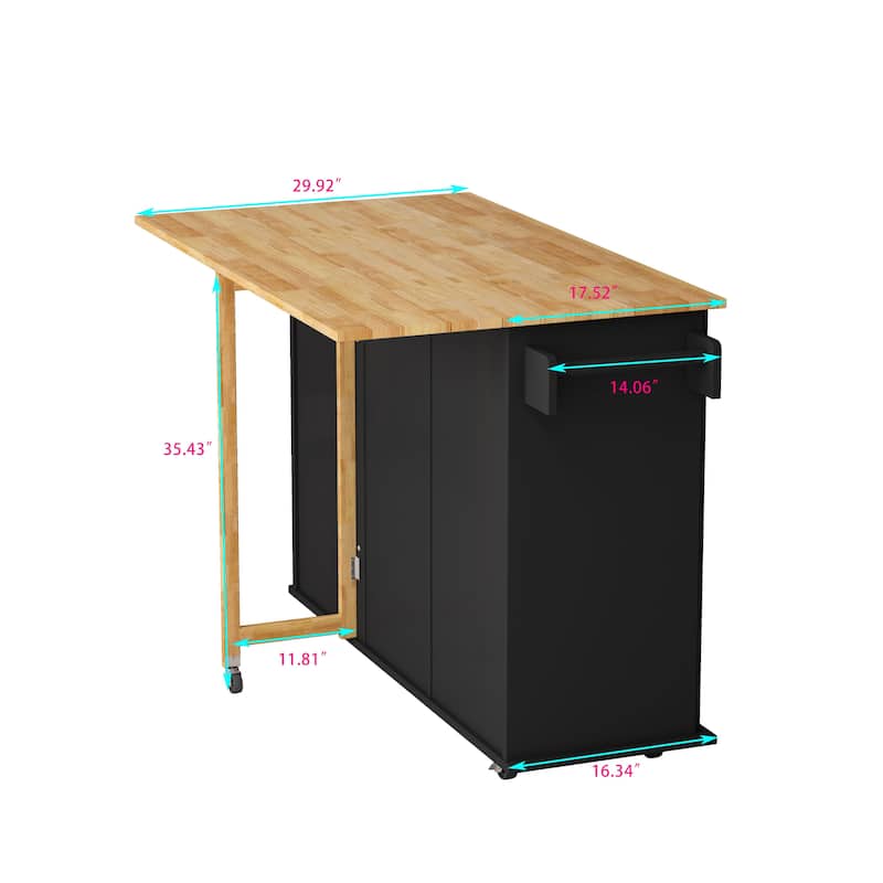 White Kitchen Island Cart with Expandable Solid Wood Table Top, 2 Cabinets, 3 Drawers, Spice & Towel Rack - 43.31"