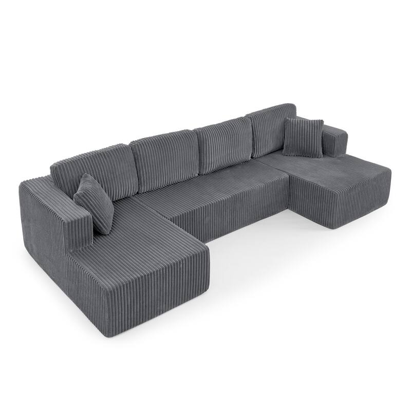 U Shape Modular Sectional Sofa with Dual Chaise Lounges, Corduroy Upholstered Sleeper Sofa, Comfy Compressed Sectional Sofa