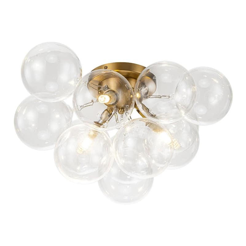3-Light Clear Glass Globe Bubble Semi Flush Chandelier - Brass 18in