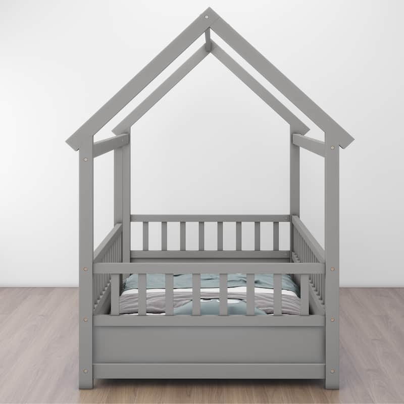 Grey Twin Size Pine Wood Floor Bed with House Roof Frame and Guardrails