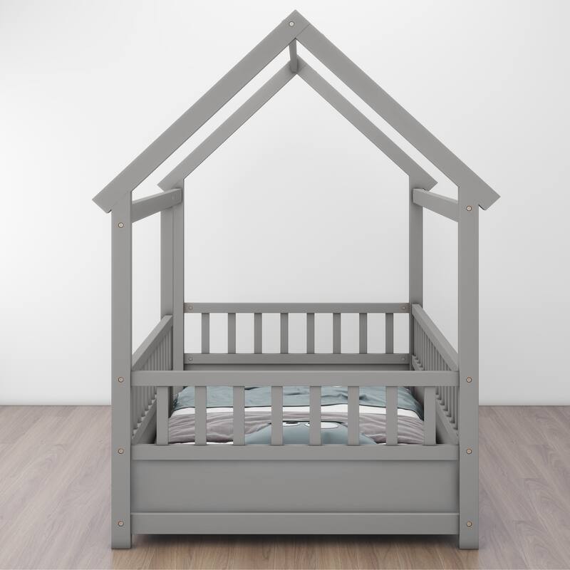Pine Wood Floor Bed with House Roof Frame, Fence Guardrails for Kids, Boys and Girls