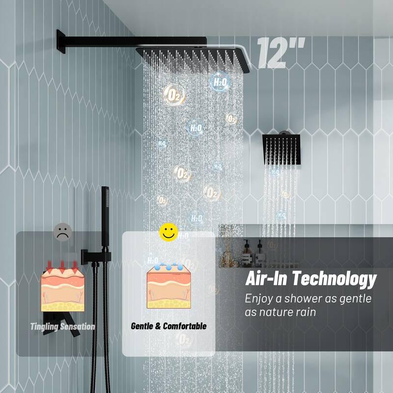 3-Spray Square 12 and 6 in. Dual Wall Mount Fixed and Handheld Shower Head in Matte Black, Valve Included - 12" x 12"