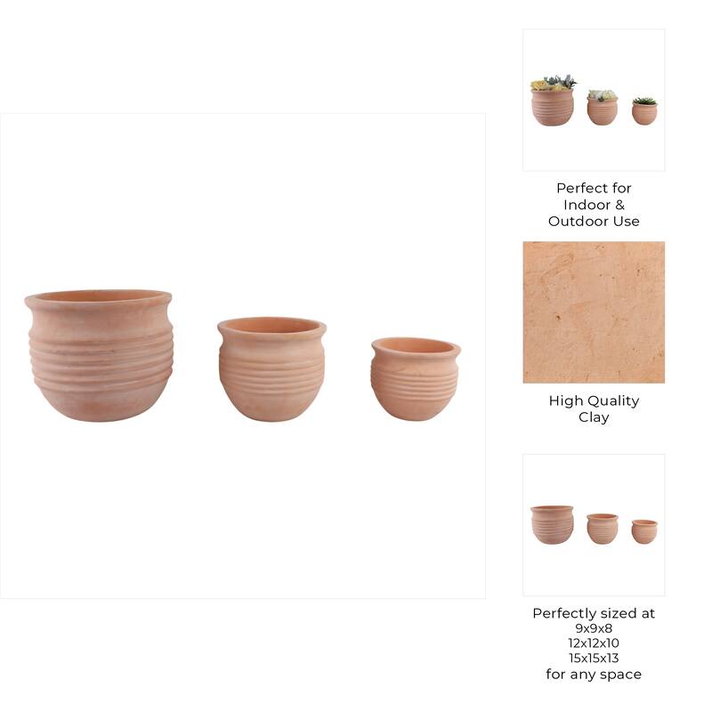 Pottery Planter Ribbed Crafted Durable Earthenware Material (Set of 3) - 15" x 15" x 13"