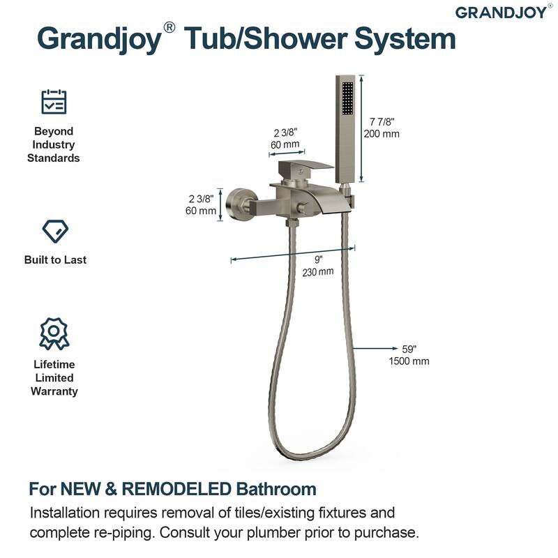 GRANDJOY Wall-mount Waterfall Bathtub Faucet with Handheld Shower