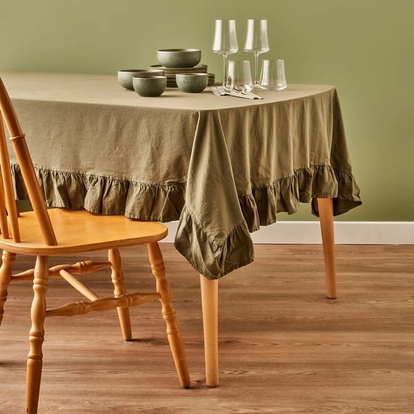 slide 2 of 5, Elegance Ruffled Edge Tablecloth Khaki