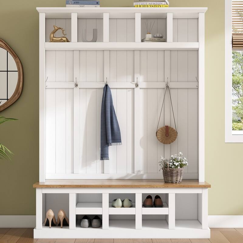 78''H Modern Hall Tree with Bench,13 Compartments and 6 Hooks - White