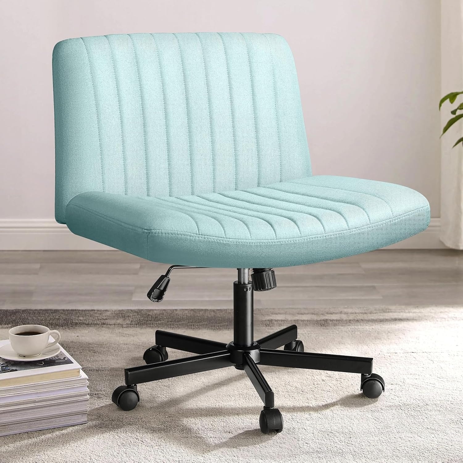 Modern Swivel Height Adjustable Armless Cross Legged Office Desk Chair with Wide Seat and Fabric Upholstery