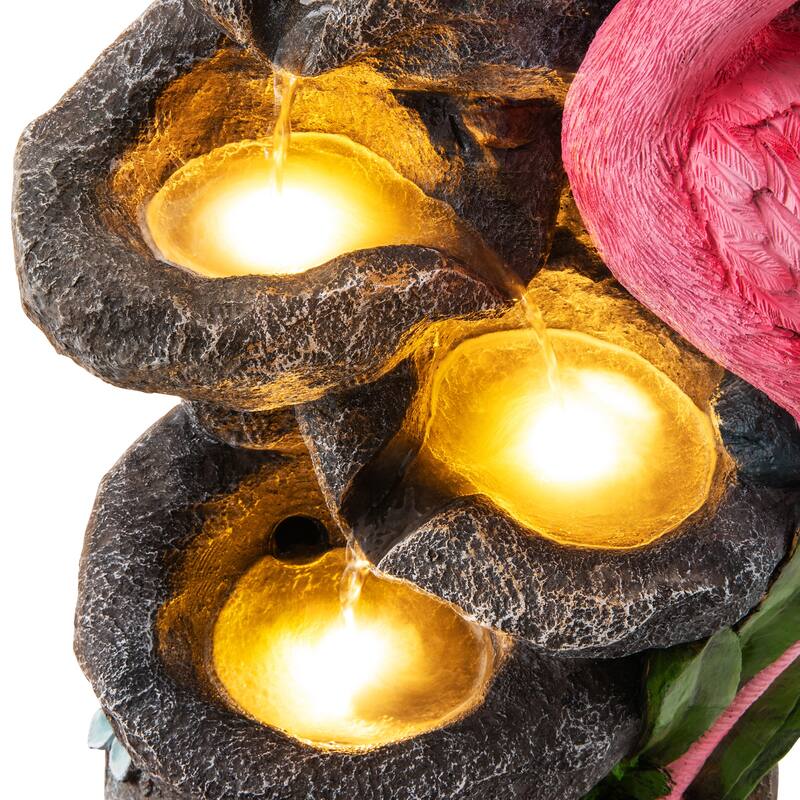 Glitzhome 23.5"H 4-Tiered Flamingo Polyresin Stone Outdoor Fountain with Lights