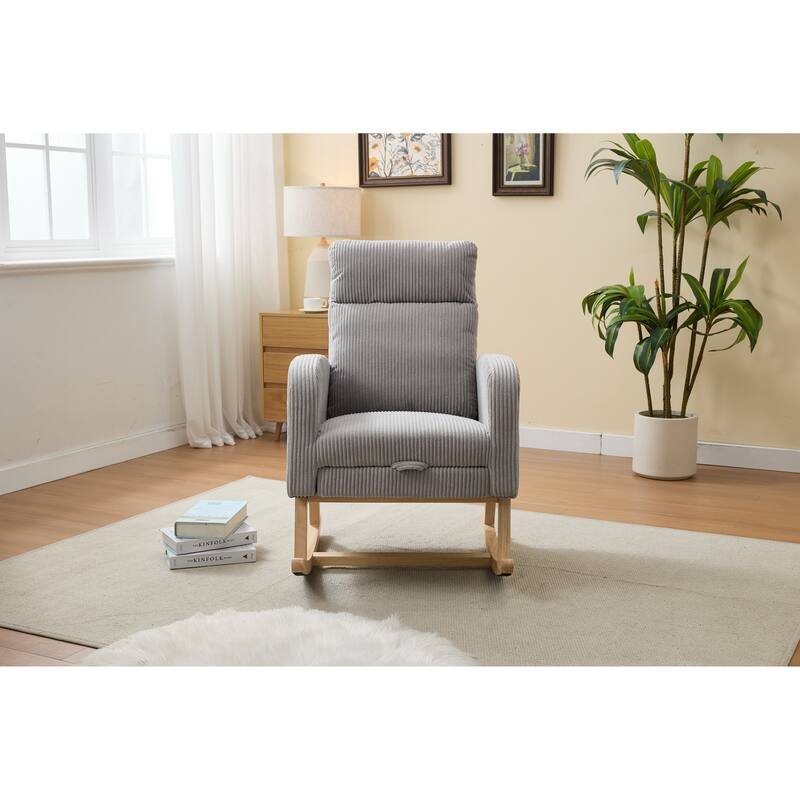 Rocking Chair with Wood Legs, Upholstered Nursery Glider Rocker, Comfy Armchair with Side Pocket, Living Room Lounge Arm Chair