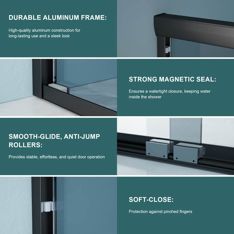 48"W x 76"H Double Sliding Glass Shower Door - 8mm Tempered Glass with 304 Stainless Steel Frame