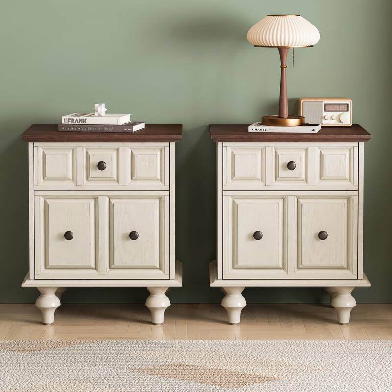 Vintage Nightstand with 2 Drawers and Roman Column Legs Set of 2 - Antique White