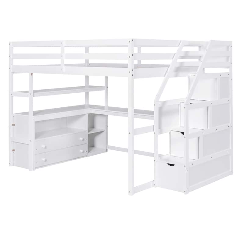 Full Size Loft Bed with Desk and Shelves, Two Built-in Drawers, Storage Staircase, Gray