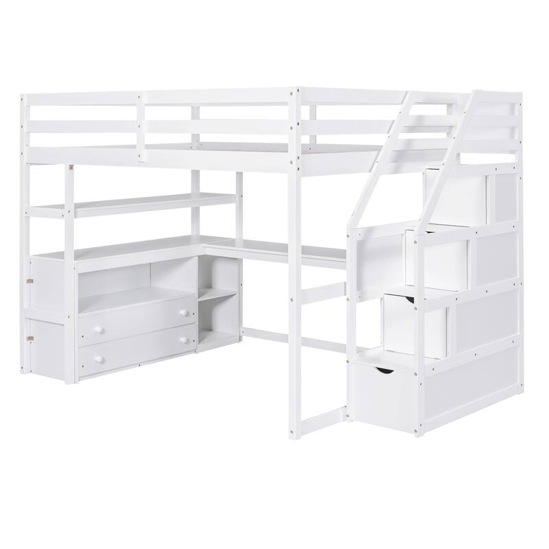 White Loft Bed with Desk and Shelves, Two Built-in Drawers, Storage Staircase