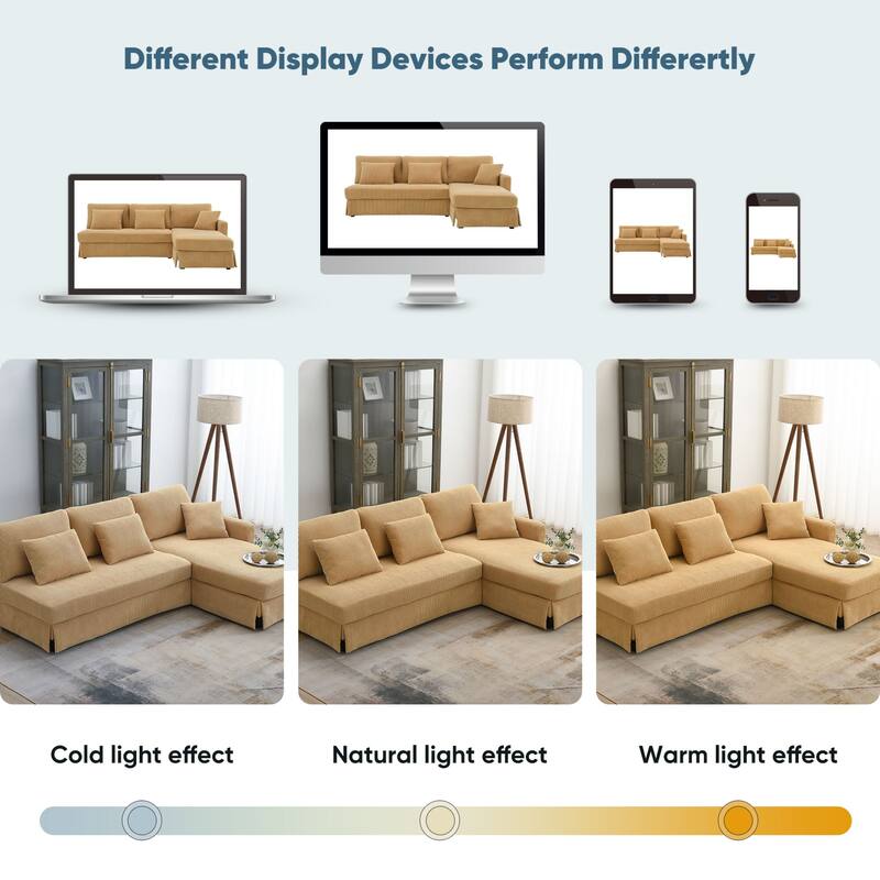 Oaks Aura Modern L-shaped Corduroy Sofa with Reversible Chaise, Upholstered Sectional Convertible Sleeper Couch with Pillows