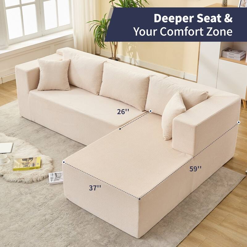Mixoy W106'' Modern 2-Piece Free Combination Corduroy Upholstered L-Shaped Modular Sectional Sofa with Right Chaise and Pillow
