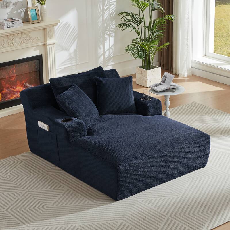 Comfy Sleeper Sofa Single Chaise Lounge w/ Cup Holders & Side Pockets - Dark Blue