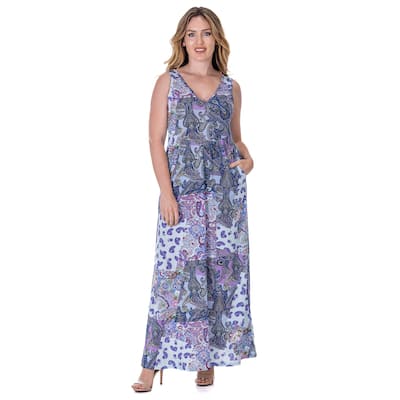 24seven Comfort Apparel Purple Paisley Sleeveless V Neck Maxi Dress With Pockets