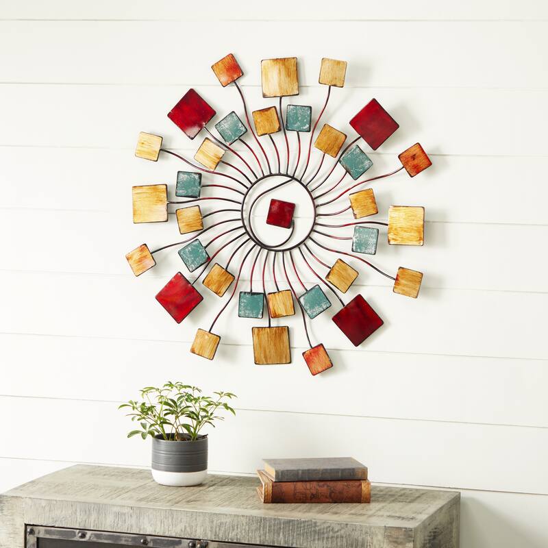 Multi Colored Metal Wire Sunburst Home Wall Decor with Square Shaped Accents - Multi Colored