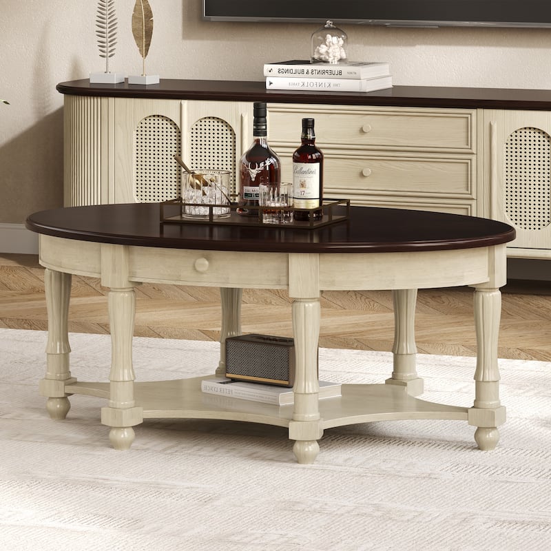 French Country Style Coffee Table Vintage Oval Coffee Table with Drawers and Storage Shelves, for Living Room