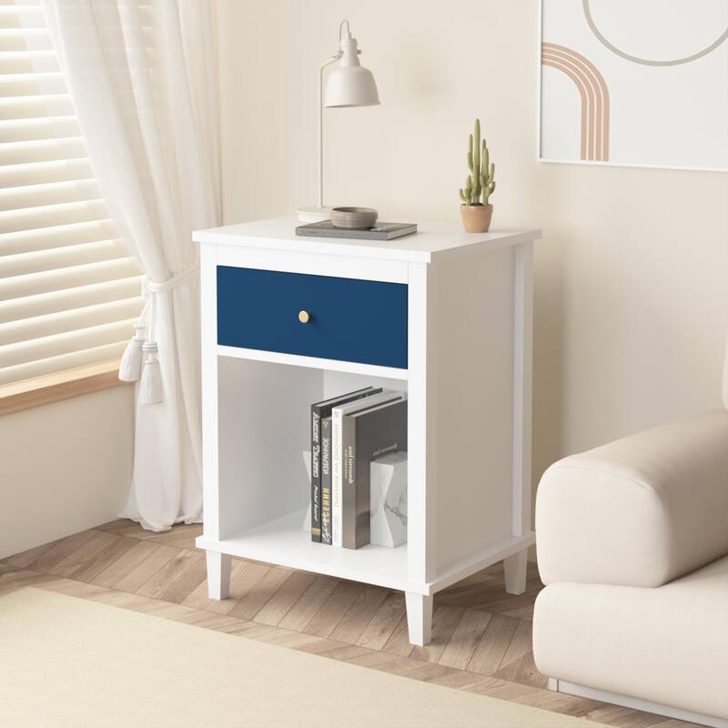 Anmytek White Nightstand with Drawer and Shelf Farmhouse Modern Bedside Table