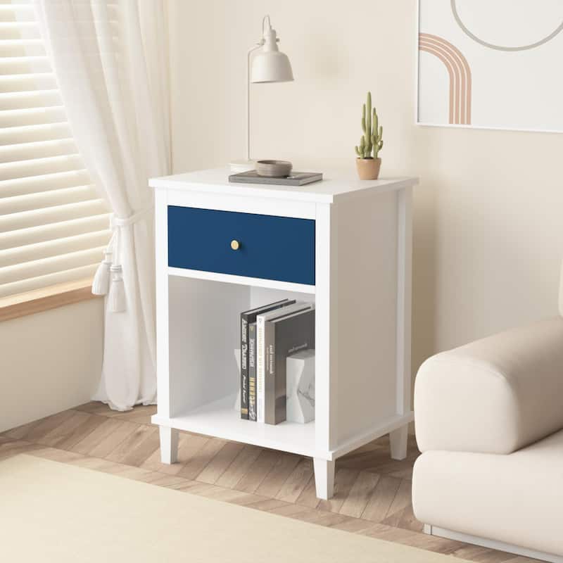 White Navy Nightstand Storage Cabinet Side Table with Drawer, End Table Coffee Table Corner Table with Open Shelf
